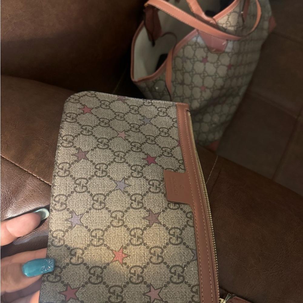 Gucci Women's Tote Bag GG Star Pattern Detachable Pouch Beige Brown Pink Purple - Picture 9 of 10